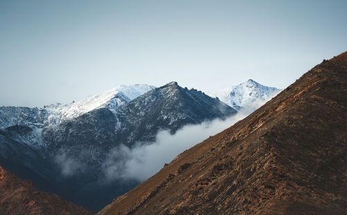 Scenic view of snowcapped mountains against clear sky