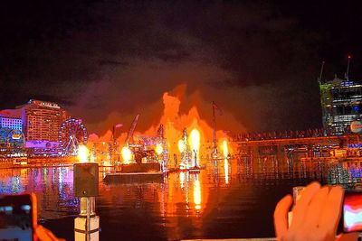 Illuminated fountain at night