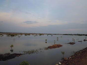 Scenic view of lake against sky during sunset