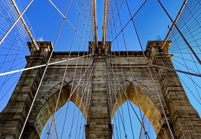 Low angle view of suspension bridge against clear blue sky