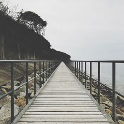 Boardwalk on beach against clear sky