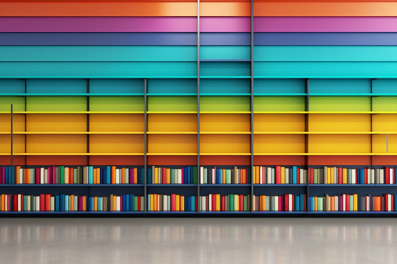 multi colored, shelf, book, bookshelf, publication, indoors, large group of objects, library, in a row, education, no people, order, interior design, variation, bookcase, line, architecture, backgrounds, learning, yellow, abundance, arrangement