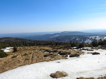 Scenic view of snowcapped mountains against clear sky