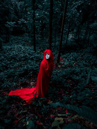 Portrait of man wearing mask while standing by trees in forest