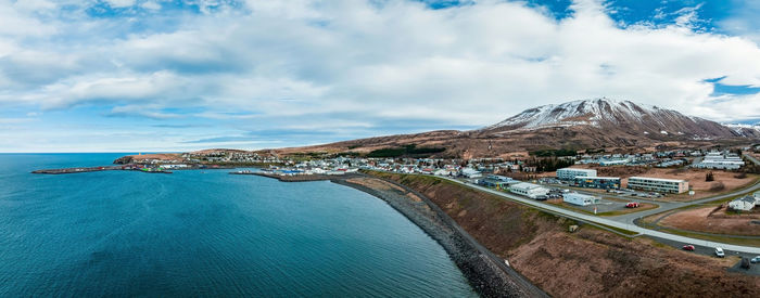Aerial scenic view of the historic town of husavik