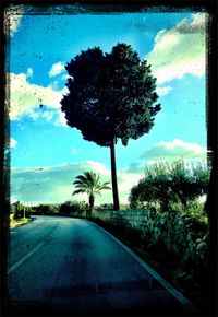 Road amidst trees against cloudy sky