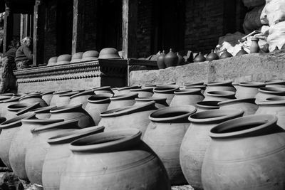 Pots arranged outdoors