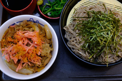 High angle view of meal served on table