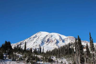 Scenic view of snowcapped mountains against clear blue sky