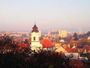 High angle view of buildings against sky in city