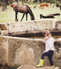 Girl walking by well against horses on field