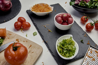 High angle view of breakfast on table