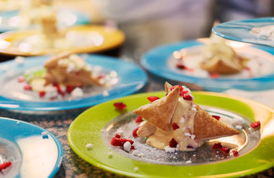 Close-up of cake in plate on table