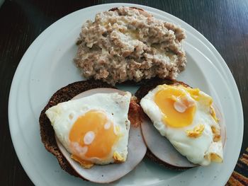 High angle view of breakfast served on table