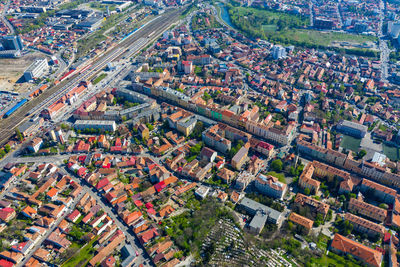Aerial view of city buildings from a drone. cluj napoca, transylvania, romania