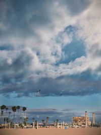 Birds flying over people against sky