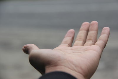 Close-up of human hand against sky