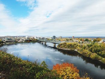 Bridge over river by buildings against sky