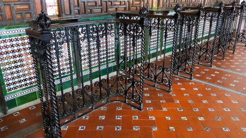 High angle view of chairs on table against building