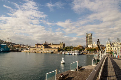 Bridge over river against buildings in city