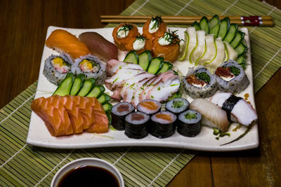 High angle view of sushi served on table