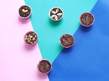 High angle view of candies on table