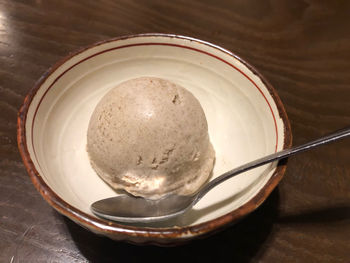 High angle view of ice cream in bowl on table