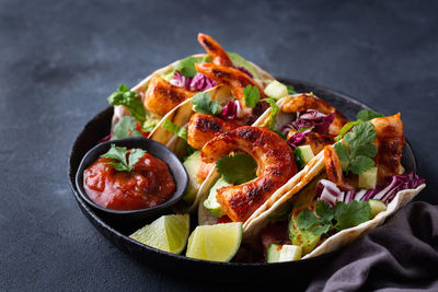 High angle view of food in plate on table