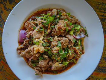 High angle view of food in plate on table