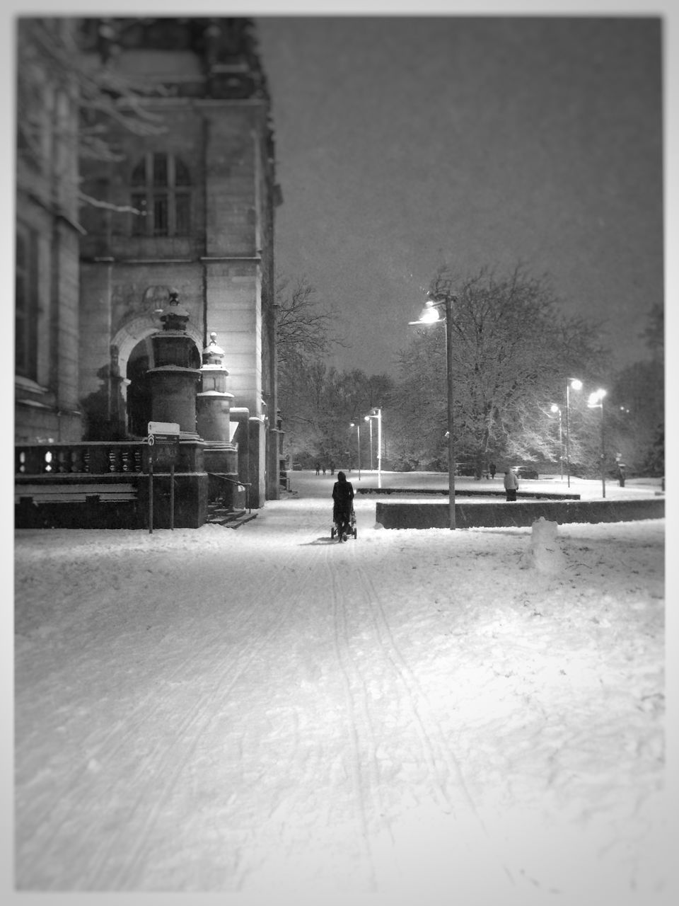 street light, architecture, built structure, building exterior, night, transfer print, illuminated, street, lighting equipment, auto post production filter, weather, snow, city, transportation, winter, cold temperature, season, sky