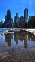Reflection of buildings on water in city