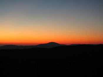 Scenic view of silhouette mountain against clear sky during sunset