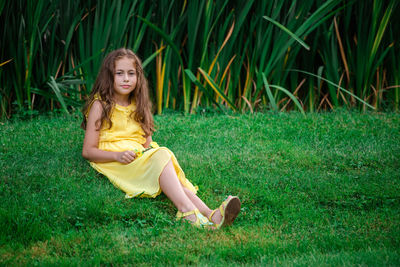 Portrait of woman sitting on field