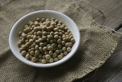 High angle view of eggs in bowl on table