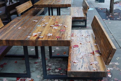 High angle view of wooden benches