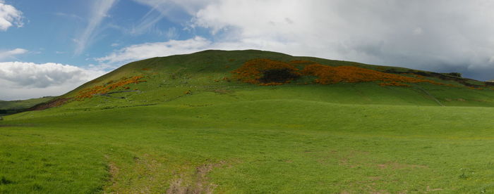 Scenic view of green landscape against cloudy sky