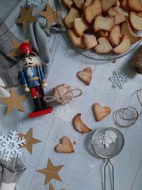 High angle view of cookies on table