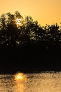 Silhouette trees in forest against sky during sunset