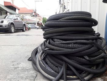 Close-up of stack of traffic on street in city