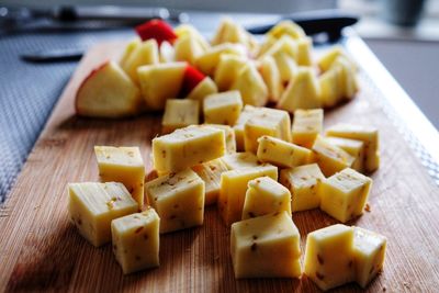 High angle view of chopped vegetables on cutting board