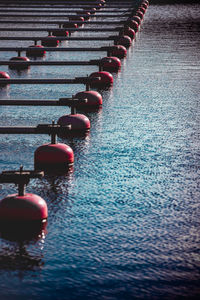 High angle view of red lights on river