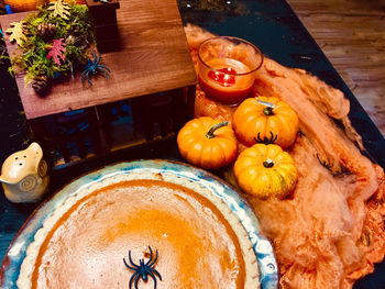 High angle view of pumpkin pie on table