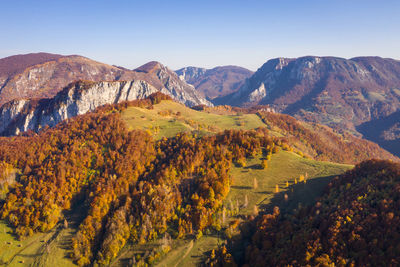 Autumn landscape drone aerial shot in transylvania, romania