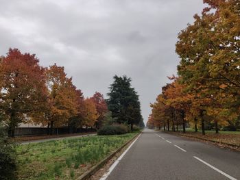 Road amidst trees against sky during autumn