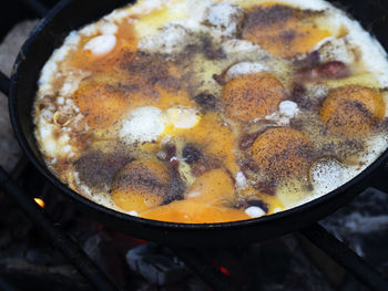 High angle view of meat in cooking pan