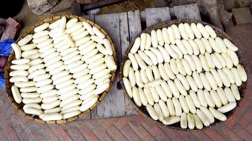 Close-up peeled banana in the baskets at fresh local market in luang prabang, laos