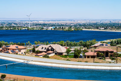 High angle view of buildings at waterfront