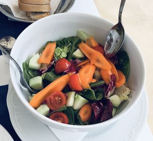 High angle view of salad in bowl on table