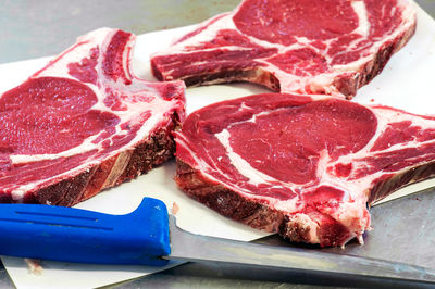 Close-up of meat with knife on table