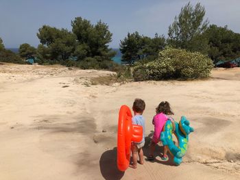 Rear view of siblings standing on sand